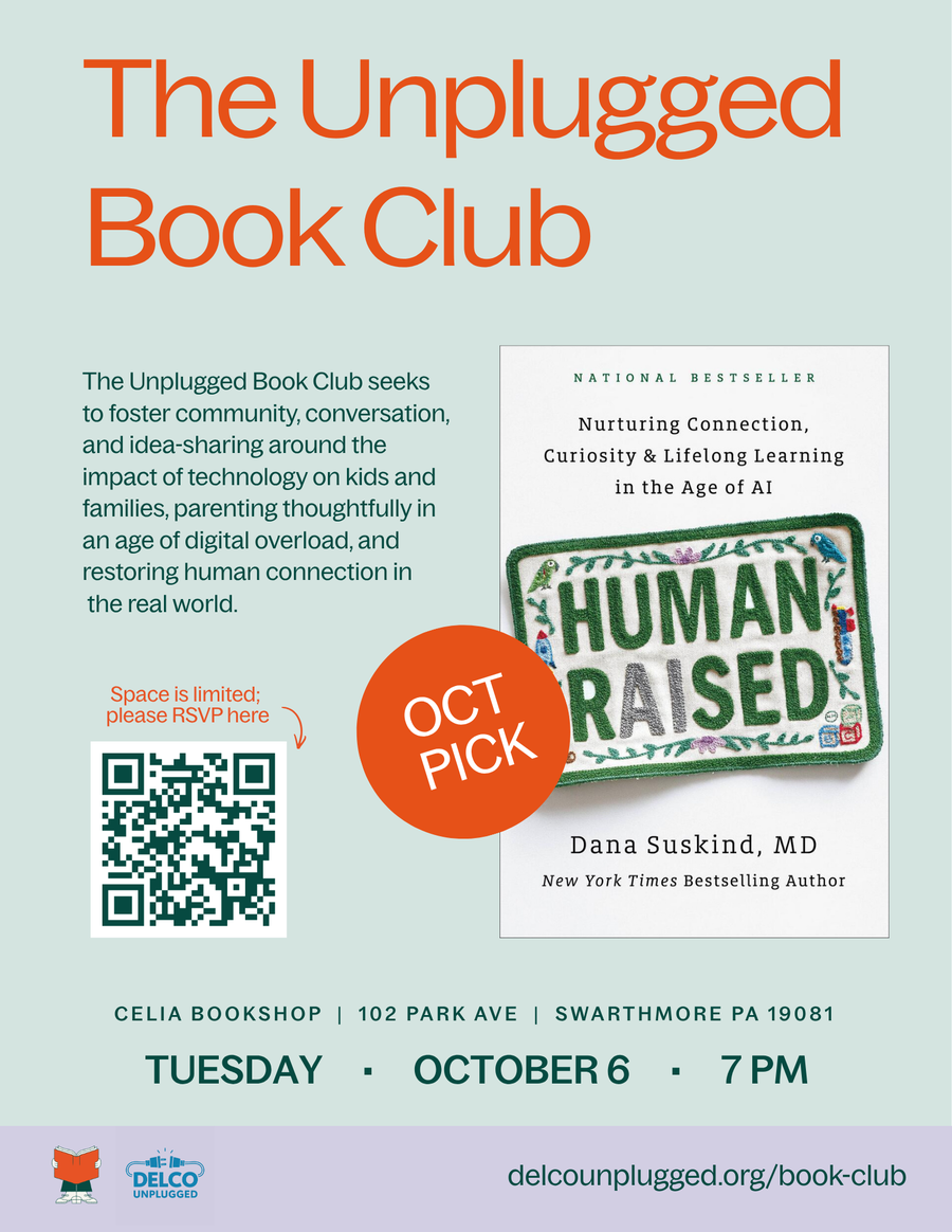 Unplugged Book Club October flyer — Human Raised by Dana Suskind, MD, Tuesday October 6 at 7 PM, Celia Bookshop